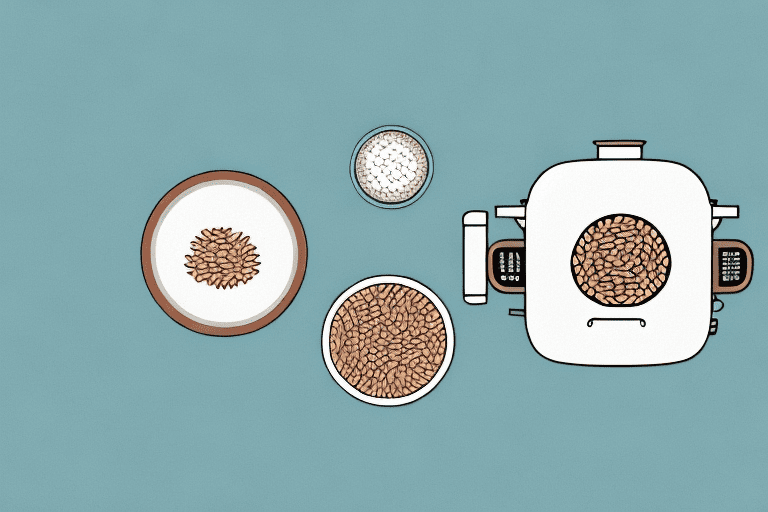 A zojirushi rice cooker with a bowl of cooked rice and beans or legumes beside it