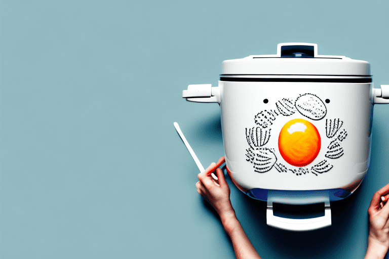 A zojirushi rice cooker with a bowl of cooked rice and eggs