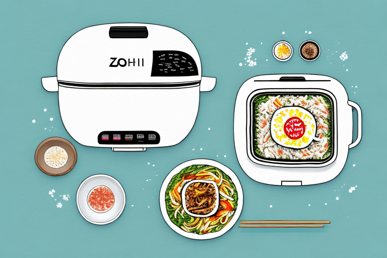 A zojirushi rice cooker with a bowl of bibimbap beside it