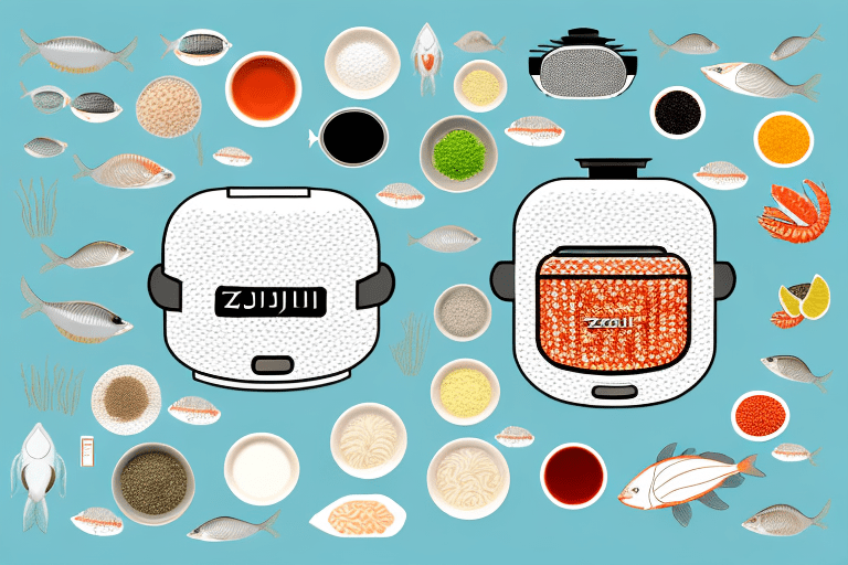 A zojirushi rice cooker with a variety of seafood and rice ingredients