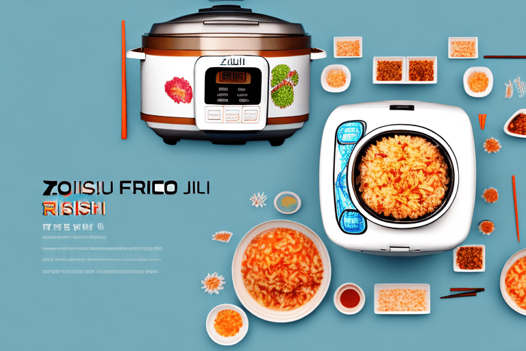 A zojirushi rice cooker with a bowl of kimchi fried rice
