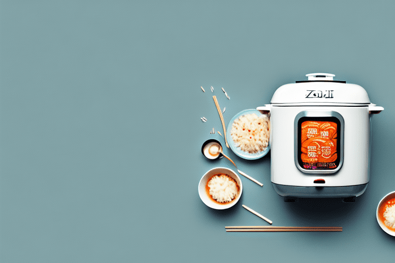 A zojirushi rice cooker with a steaming bowl of risotto