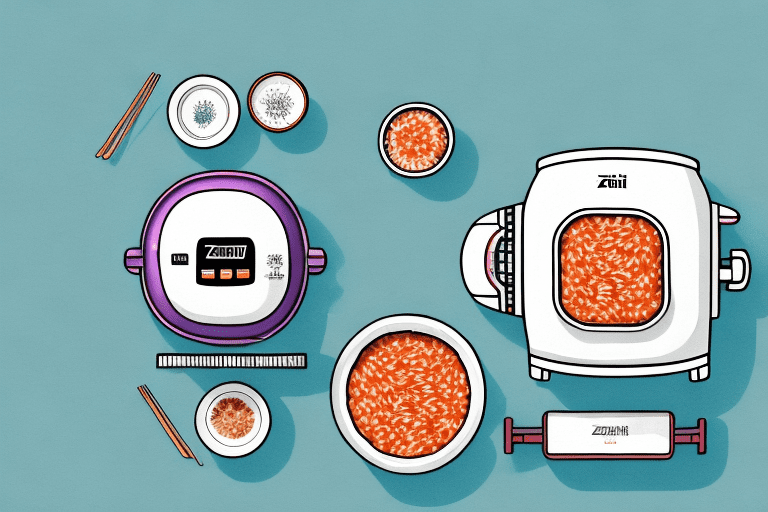 A zojirushi rice cooker with a bowl of spanish rice beside it