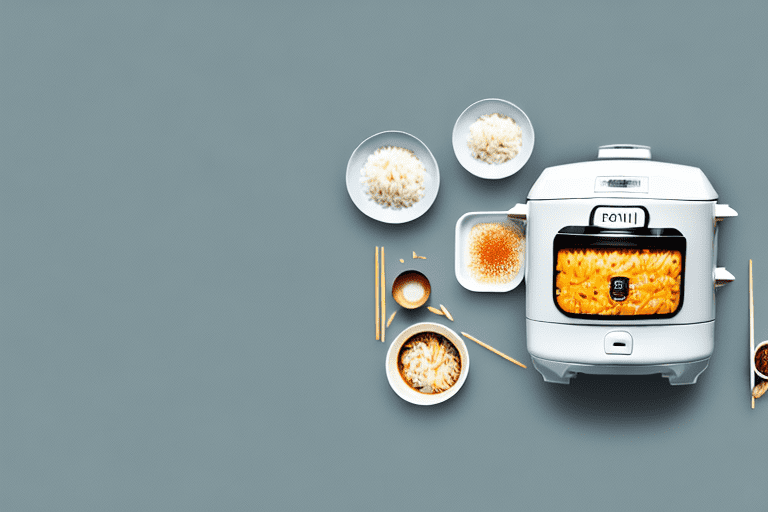 A zojirushi rice cooker with a bowl of steaming rice and curry