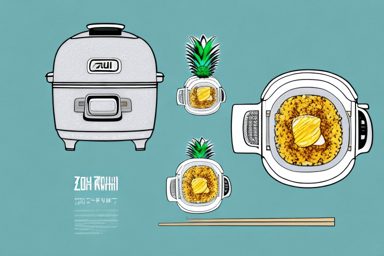 A zojirushi rice cooker with a bowl of pineapple fried rice beside it