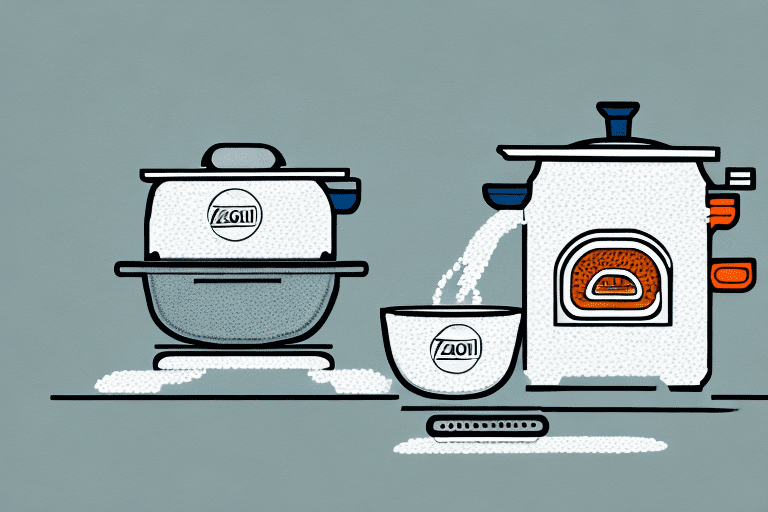 A zojirushi rice cooker with a bowl of cooked teriyaki chicken and rice beside it