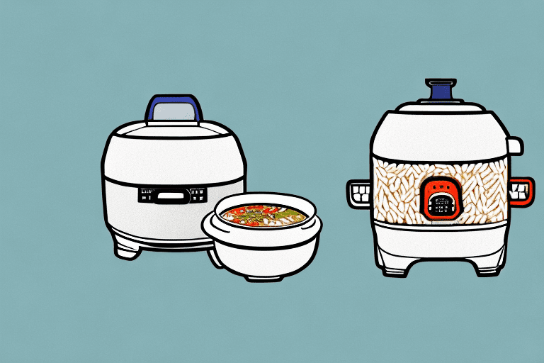 A zojirushi rice cooker with a bowl of chicken and rice soup