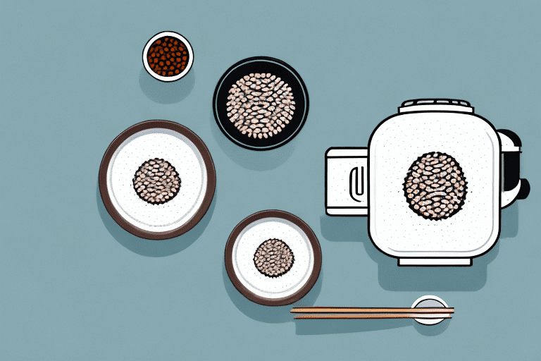 A zojirushi rice cooker with a bowl of cooked rice and black beans beside it