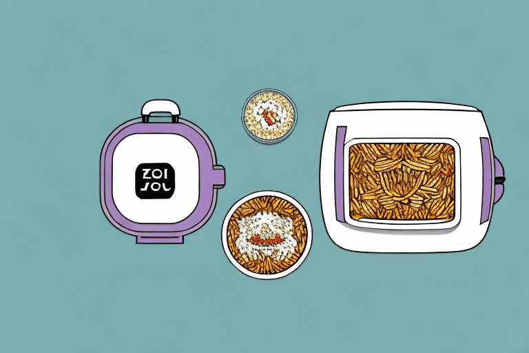 A zojirushi rice cooker with a bowl of vegetable biryani beside it