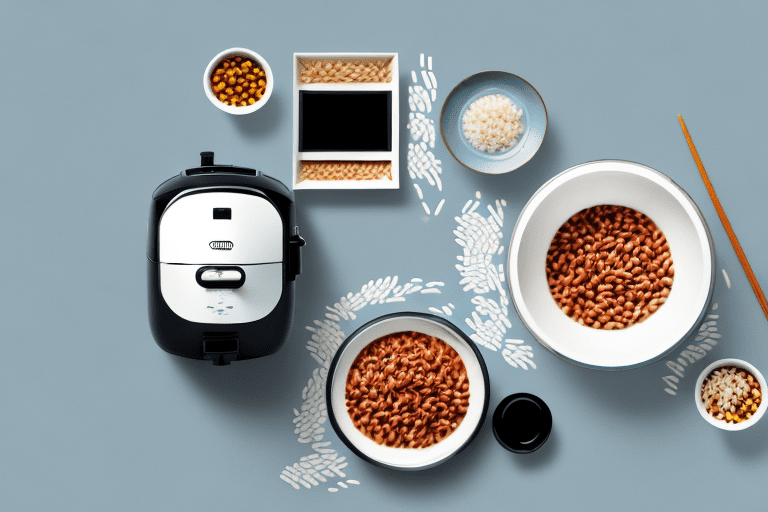 A zojirushi rice cooker with a bowl of cooked rice and black-eyed peas beside it