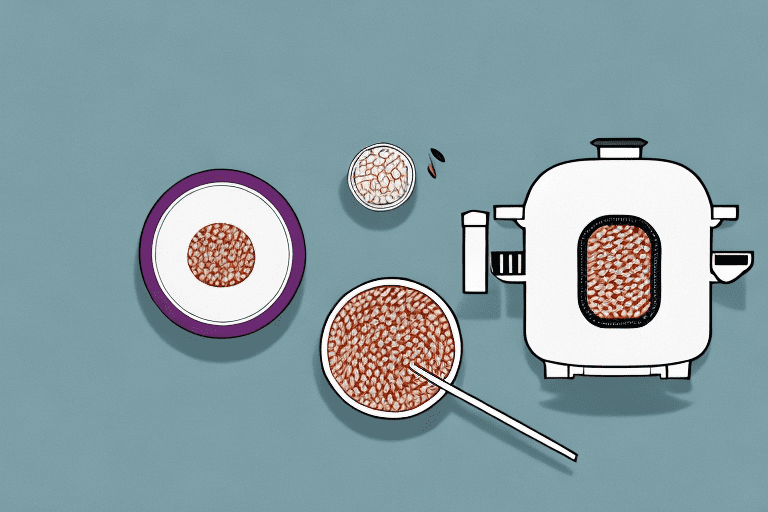 A zojirushi rice cooker with a bowl of cooked rice and adzuki beans beside it