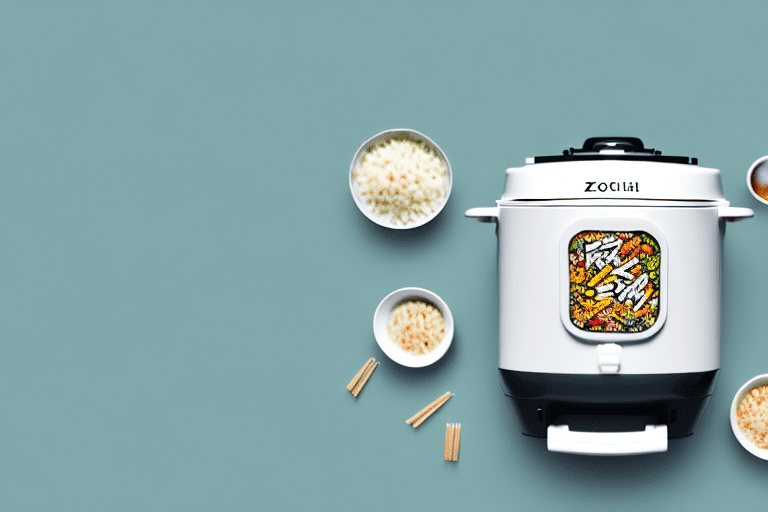 A zojirushi rice cooker with a bowl of cooked rice and lima beans