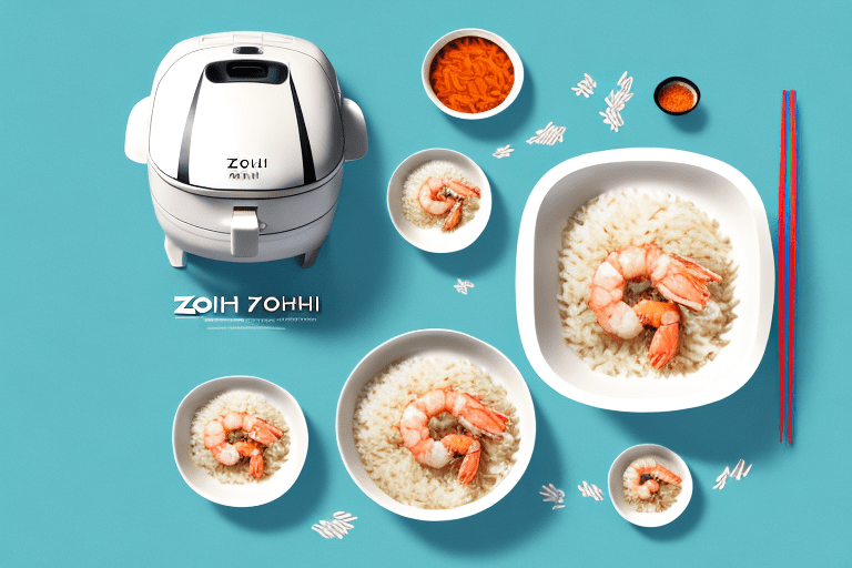 A zojirushi rice cooker with a bowl of fried rice with shrimp beside it