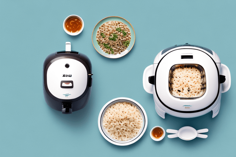 A zojirushi rice cooker with a bowl of mediterranean rice pilaf beside it