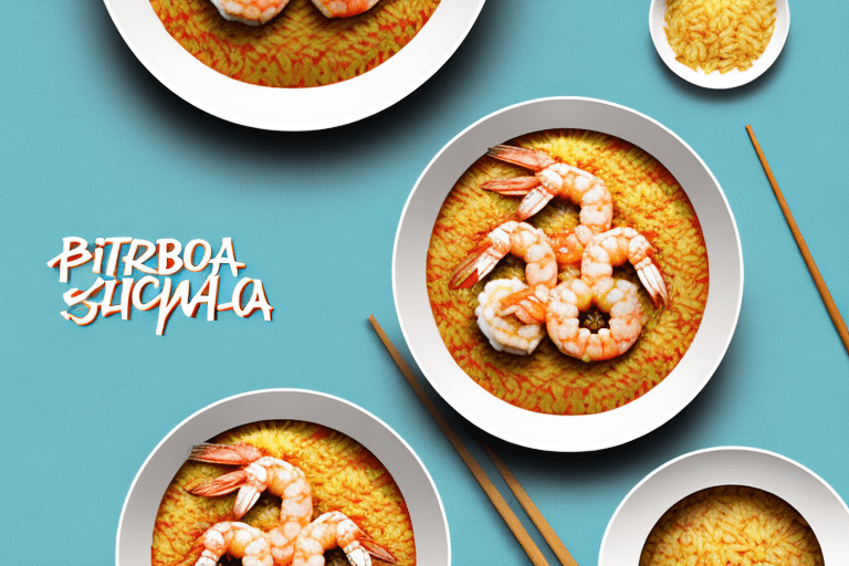 A bowl of paella rice with shrimp on top