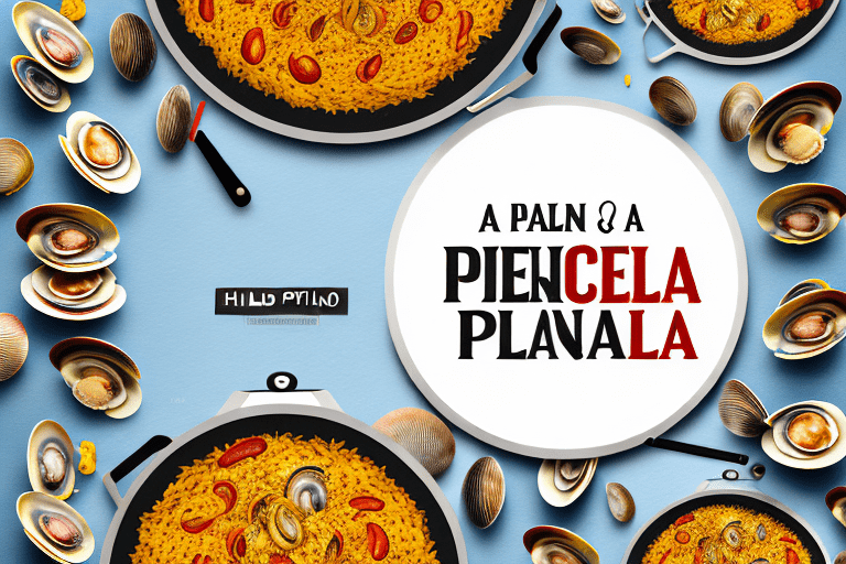 A paella pan with clams and rice in it