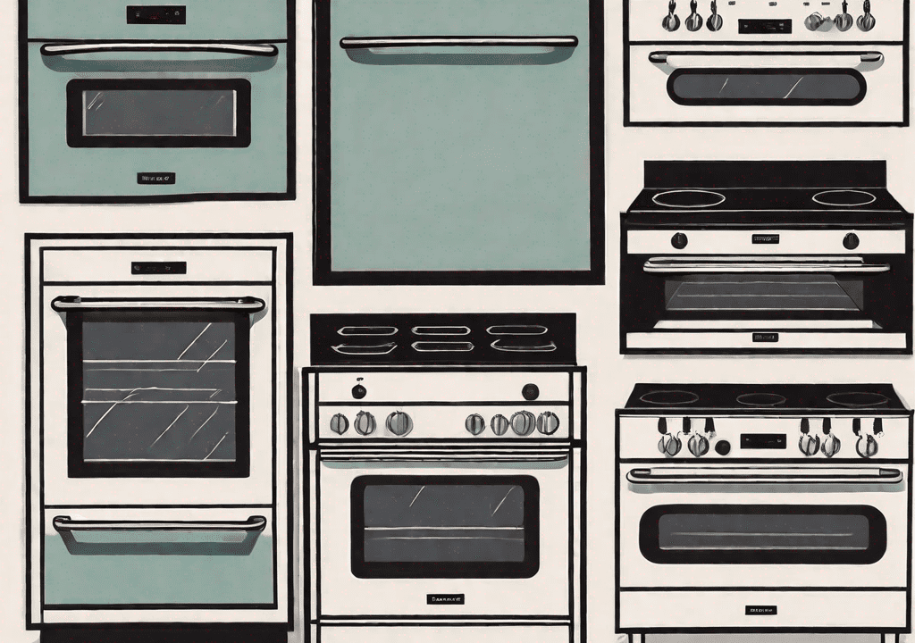A double wall oven electric side by side with a single electric range