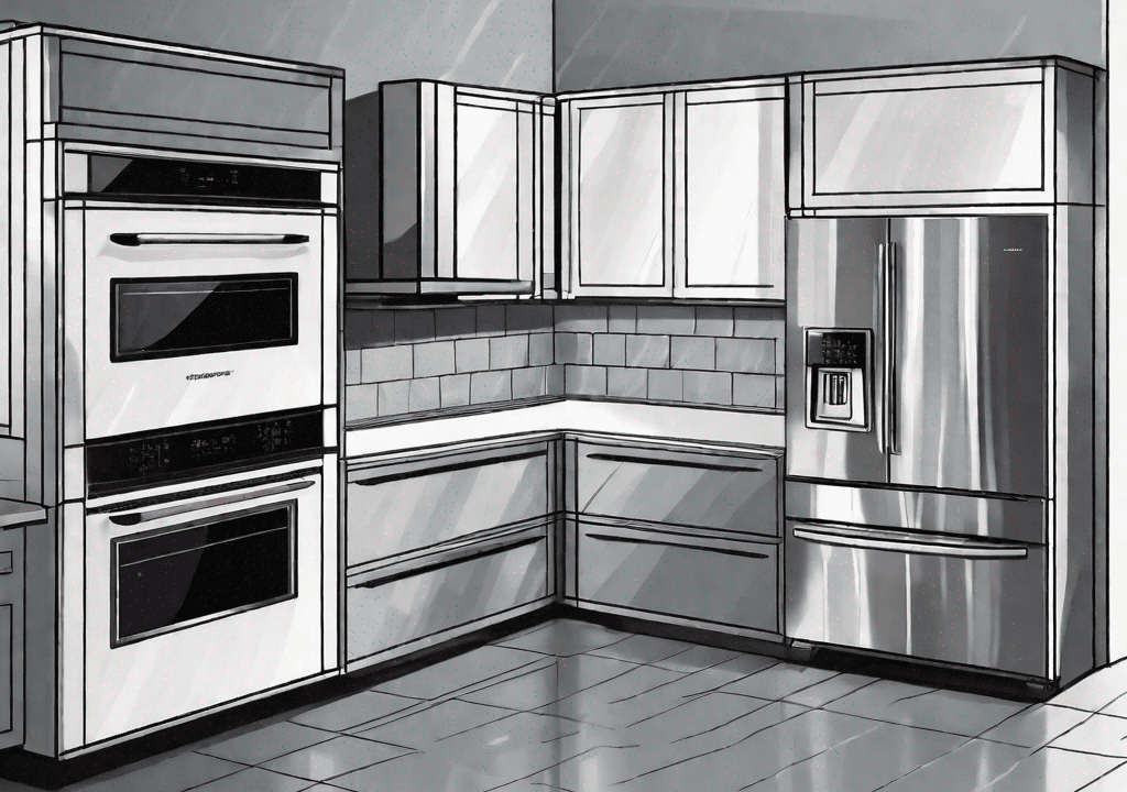 A double electric wall oven side by side with a single oven electric range
