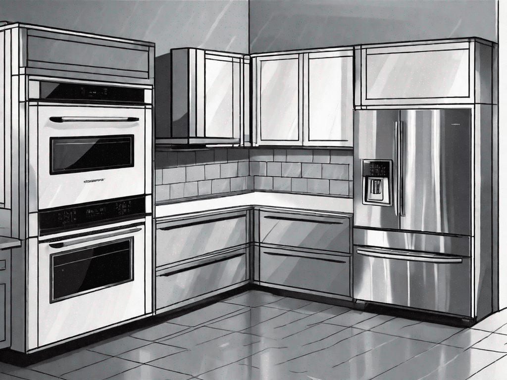 A double electric wall oven side by side with a single oven electric range