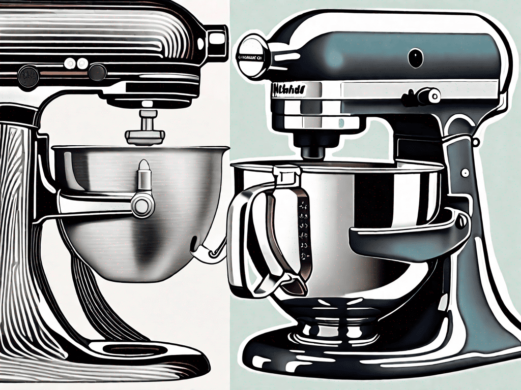 An antique kitchenaid mixer side by side with a modern version