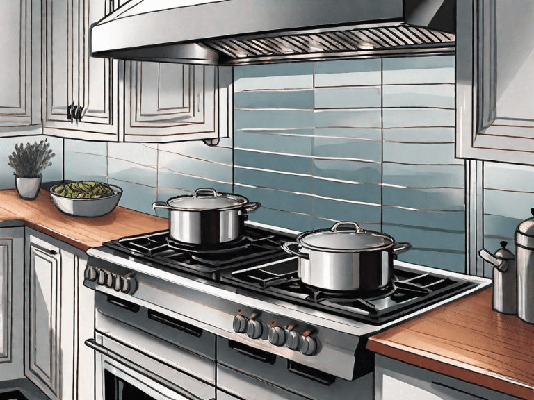 A gas range cooktop with a downdraft system next to a cooktop with a wall mount hood