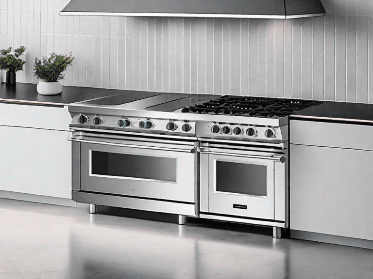 A sleek 27-inch double wall oven on one side and a double oven range on the other