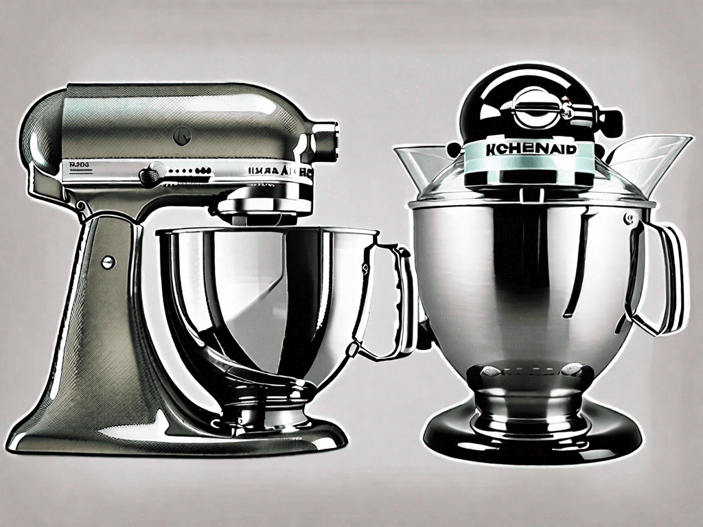 An antique hobart kitchenaid mixer side by side with a modern kitchenaid mixer