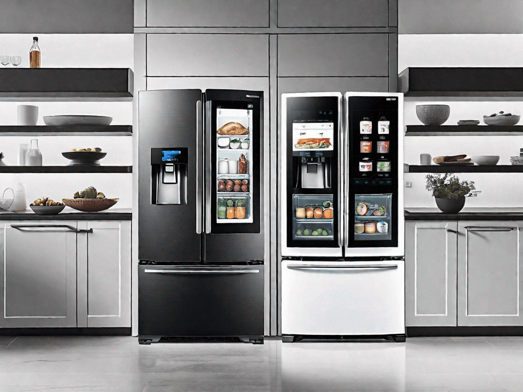A samsung smart fridge french door and an lg wifi-enabled french door side by side