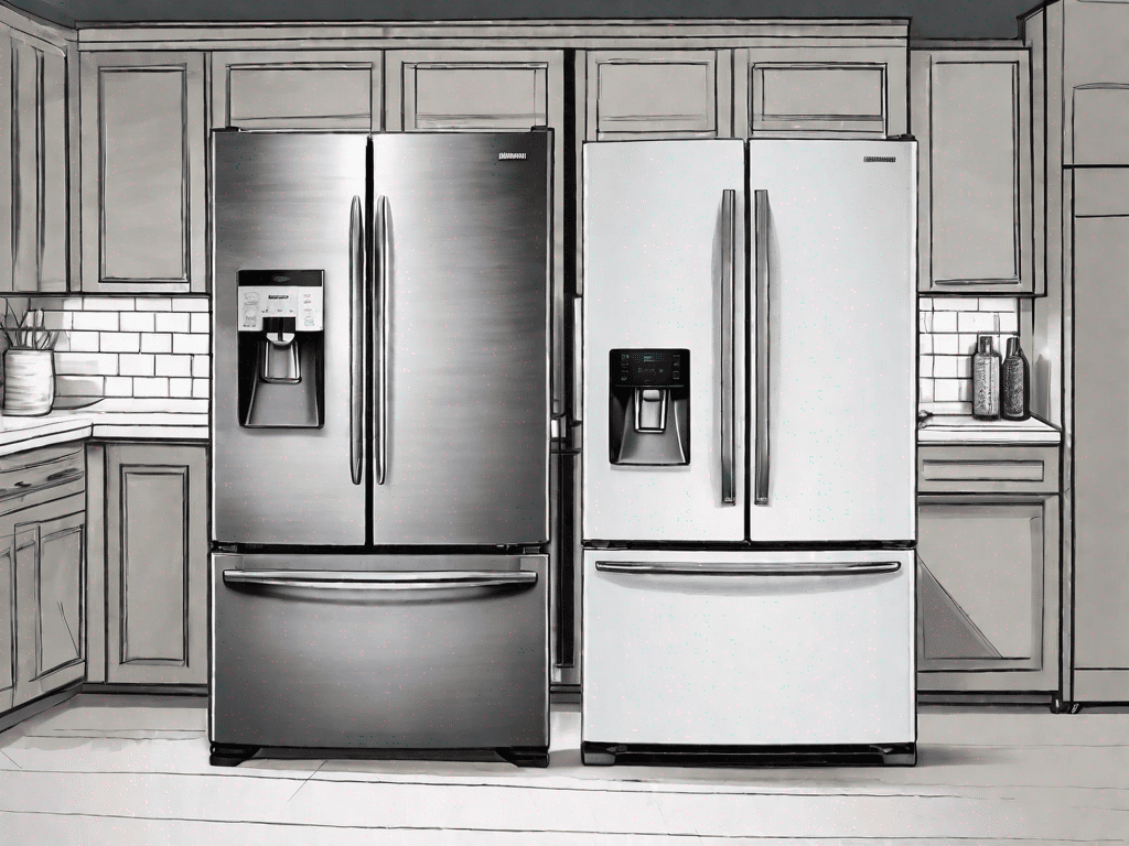 A whirlpool french door refrigerator and a samsung refrigerator side by side