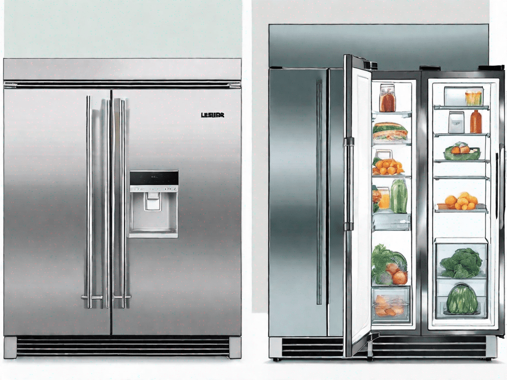 A sub-zero glass door refrigerator and a liebherr refrigerator side by side