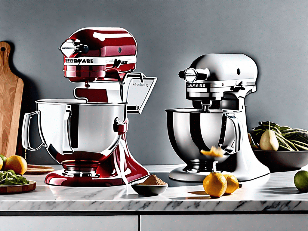 The farberware 4.3 quart tilt head stand mixer and the kitchenaid stand mixer side by side