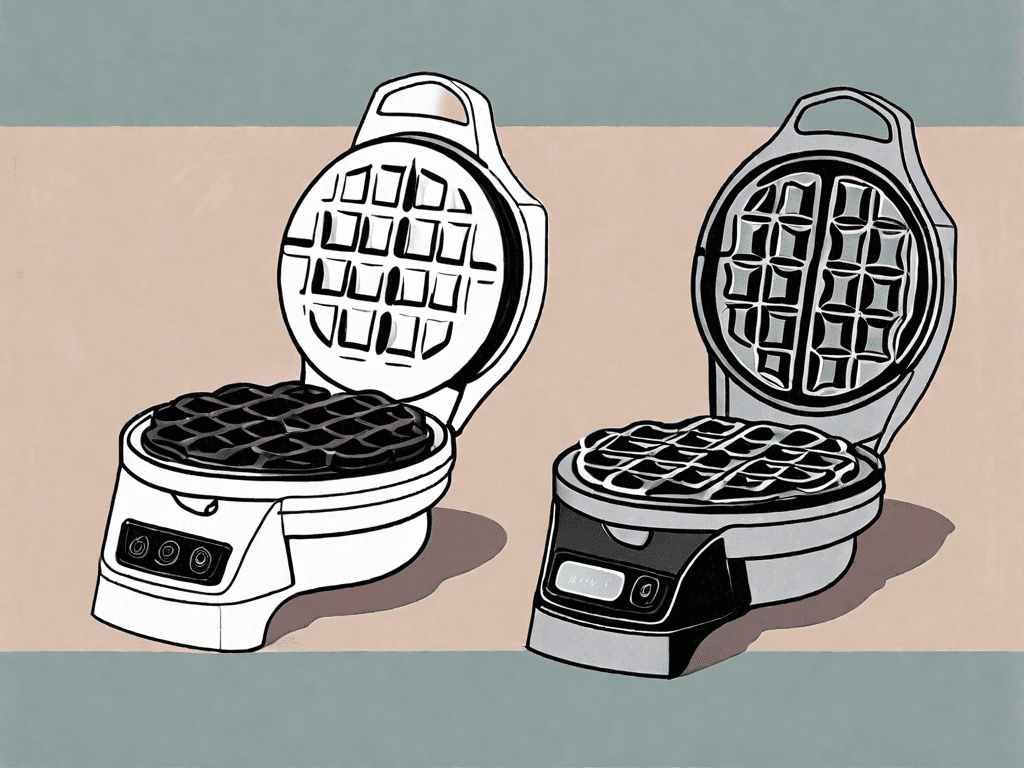 A dash mini waffle maker and a full size waffle maker side by side