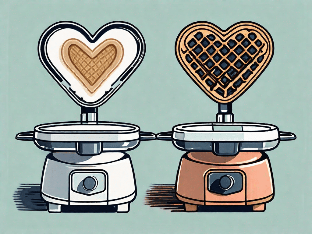 A dash mini heart waffle maker and a regular waffle maker side by side
