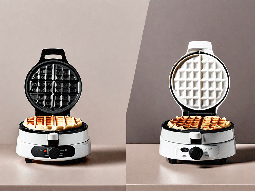 The dash mini round waffle maker and large square waffle maker side by side