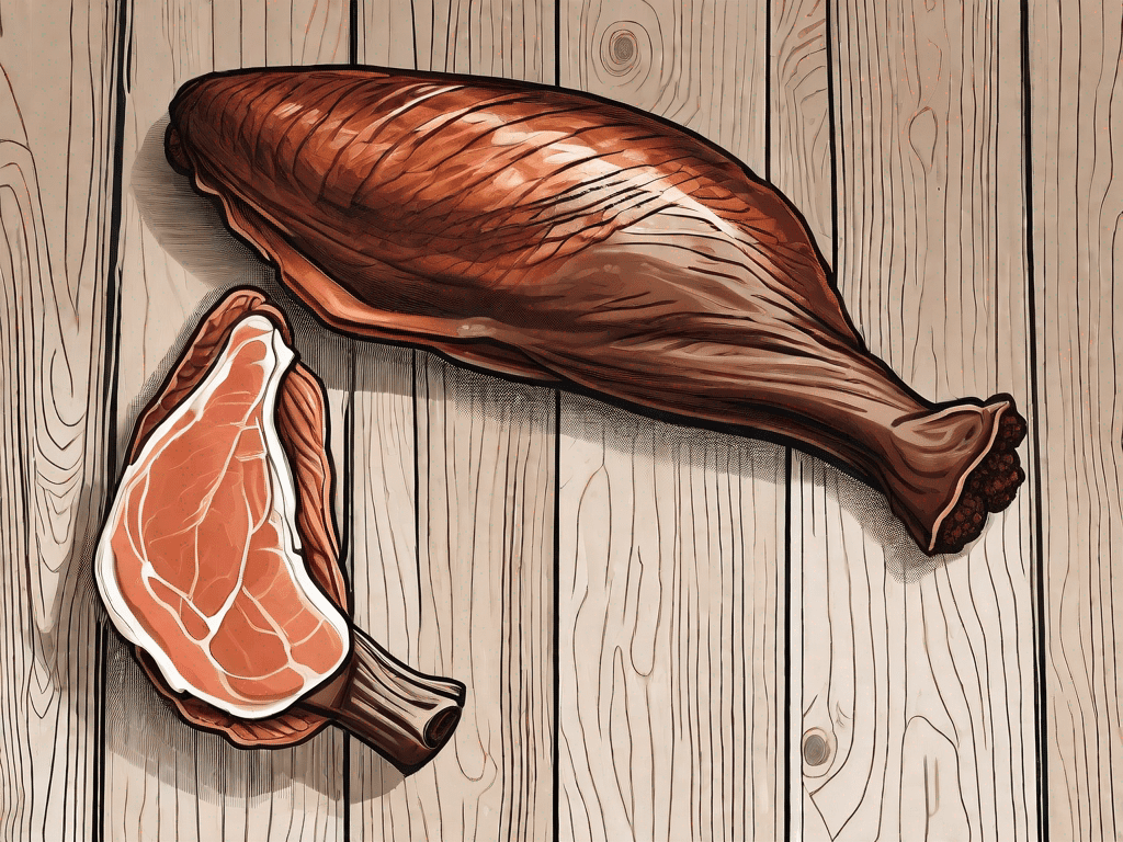 A smoked turkey leg and a smoked turkey wing side by side on a rustic wooden table