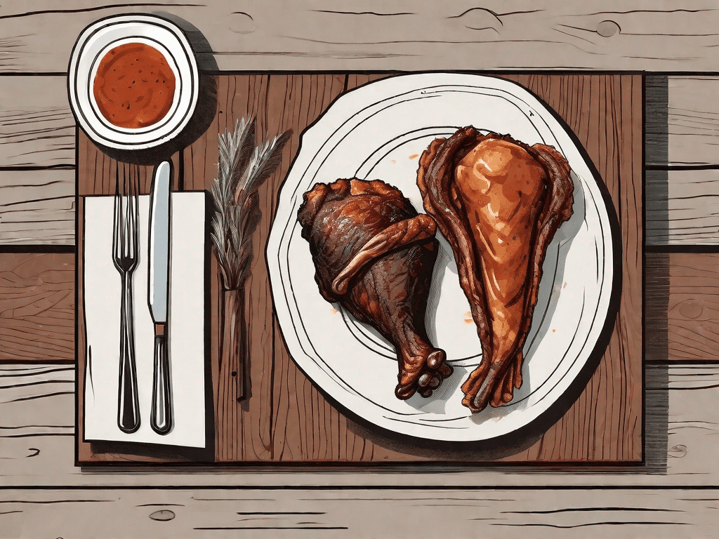 A deep-fried smoked turkey leg and a smoked turkey wing side by side on a rustic wooden table