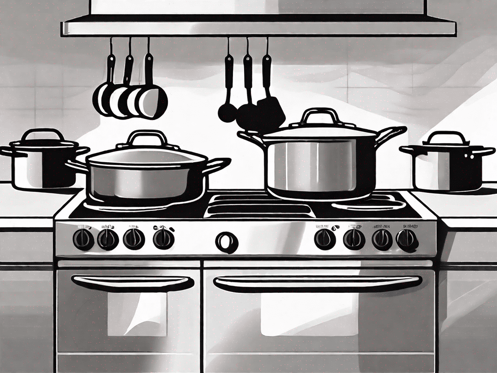 A variety of stainless steel pots and pans arranged on a gas stove on one side and an electric stove on the other side