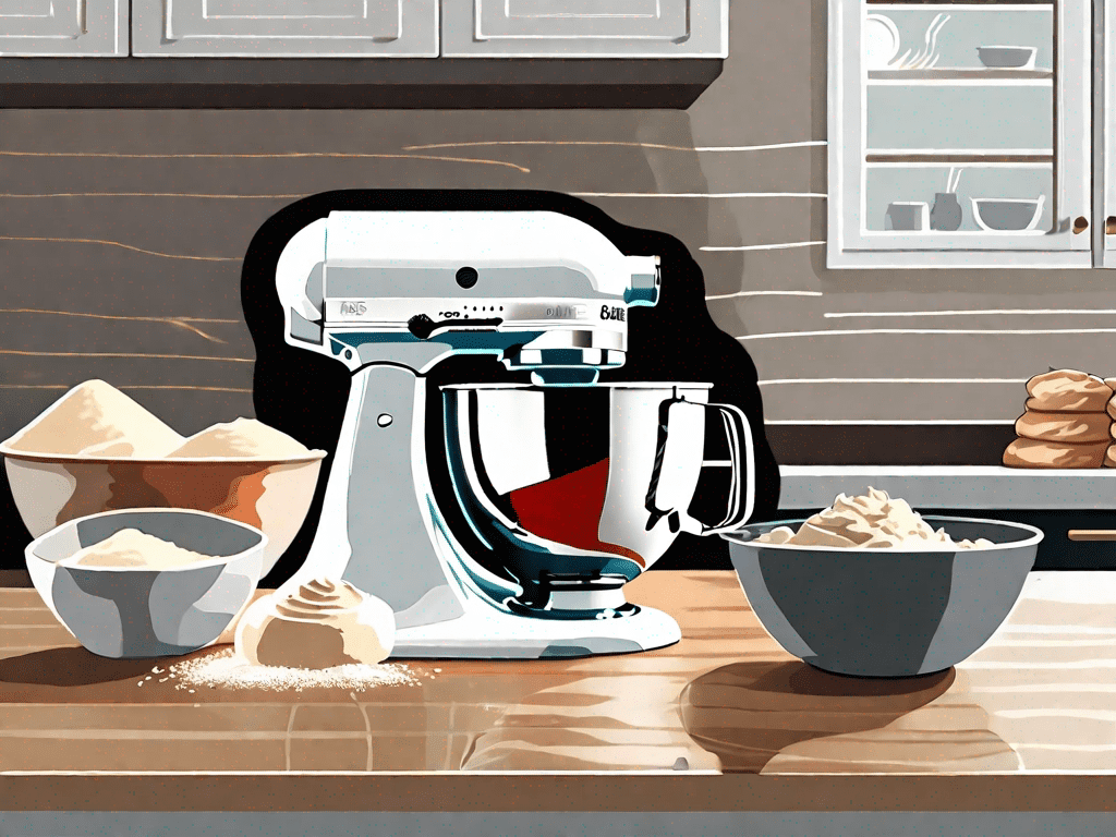 A costco professional stand mixer and a kitchenaid mixer side by side on a kitchen countertop