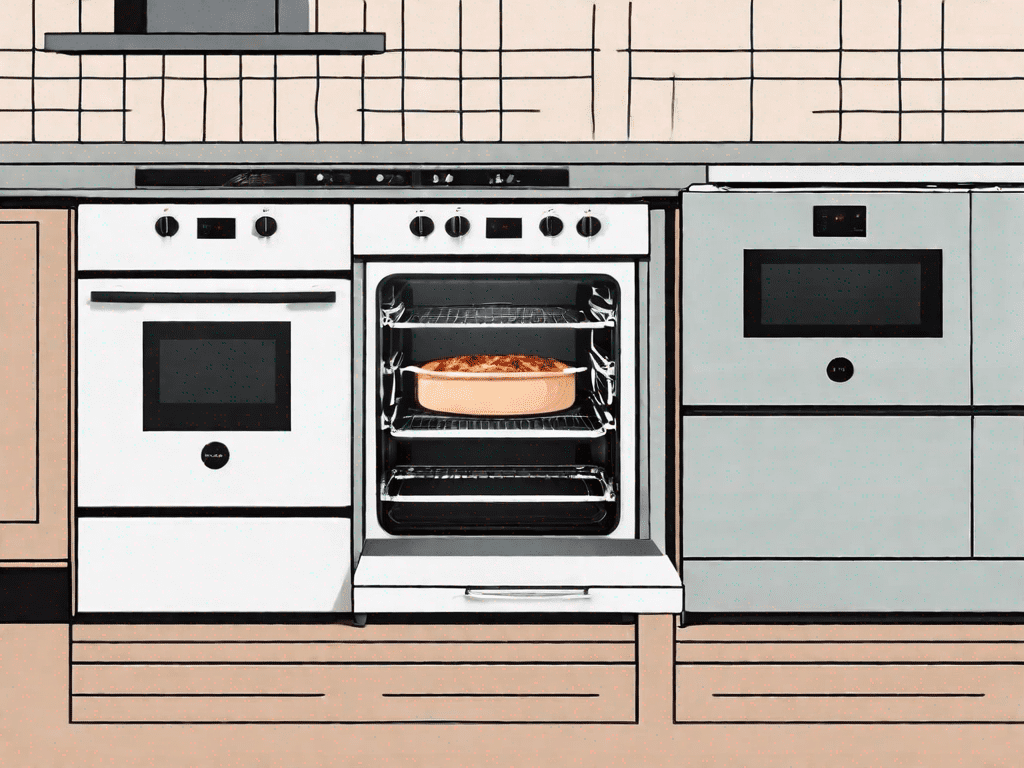 A split image showing a gas wall oven on one side and an electric wall oven on the other