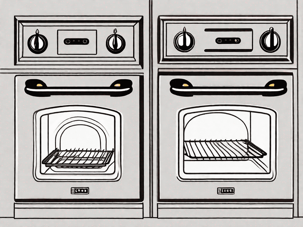 A double gas wall oven and a double electric wall oven side by side