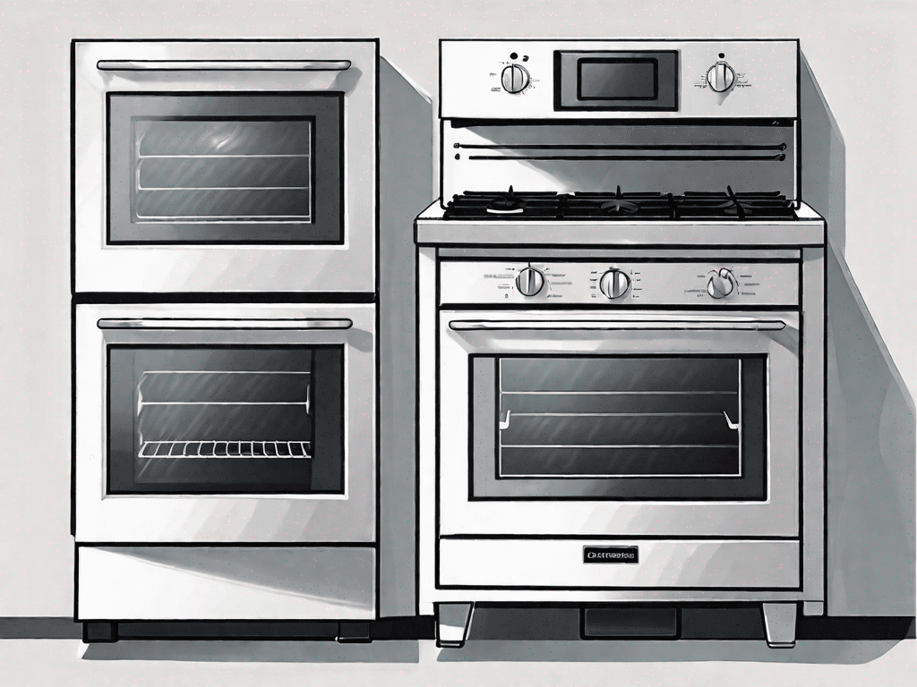A single gas wall oven and a single electric wall oven side by side