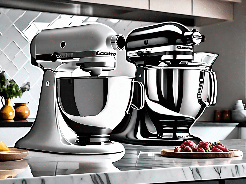 A costco 6 quart stand mixer and a kitchenaid mixer side by side on a kitchen countertop