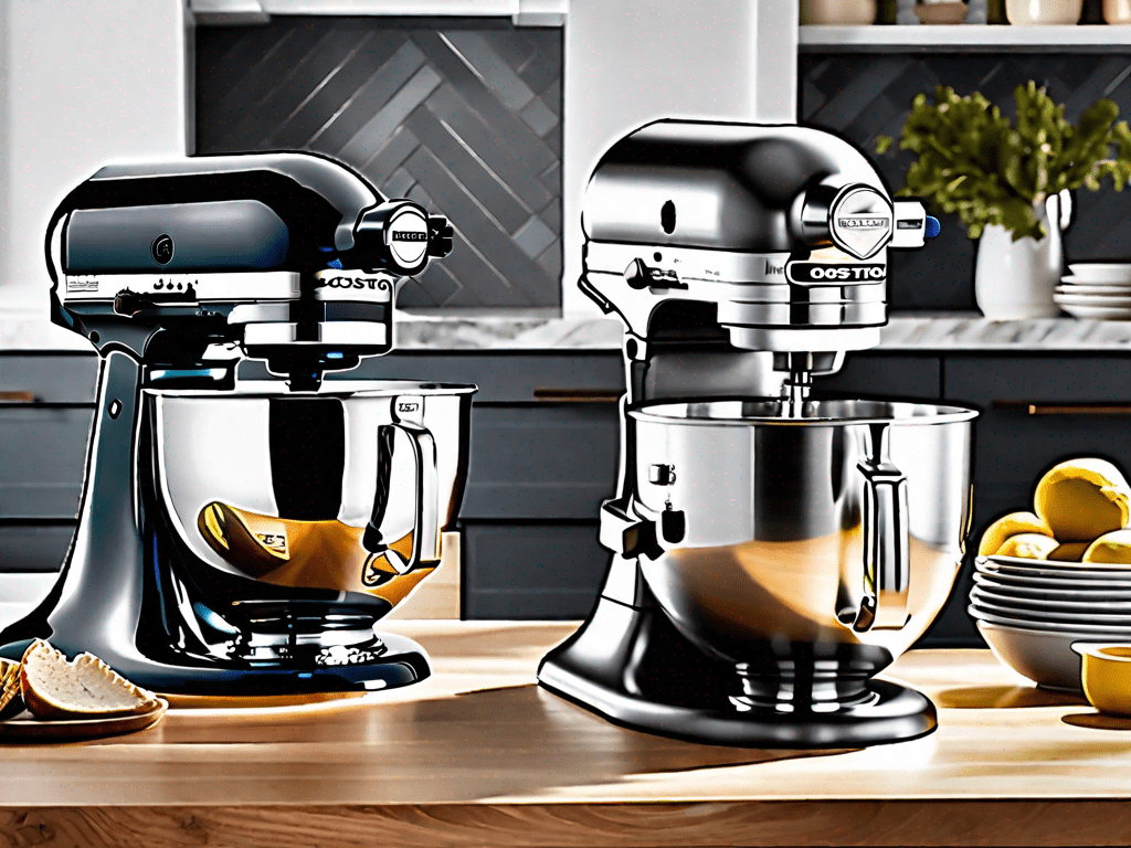 The costco kirkland signature stand mixer and the kitchenaid artisan stand mixer side by side on a kitchen countertop
