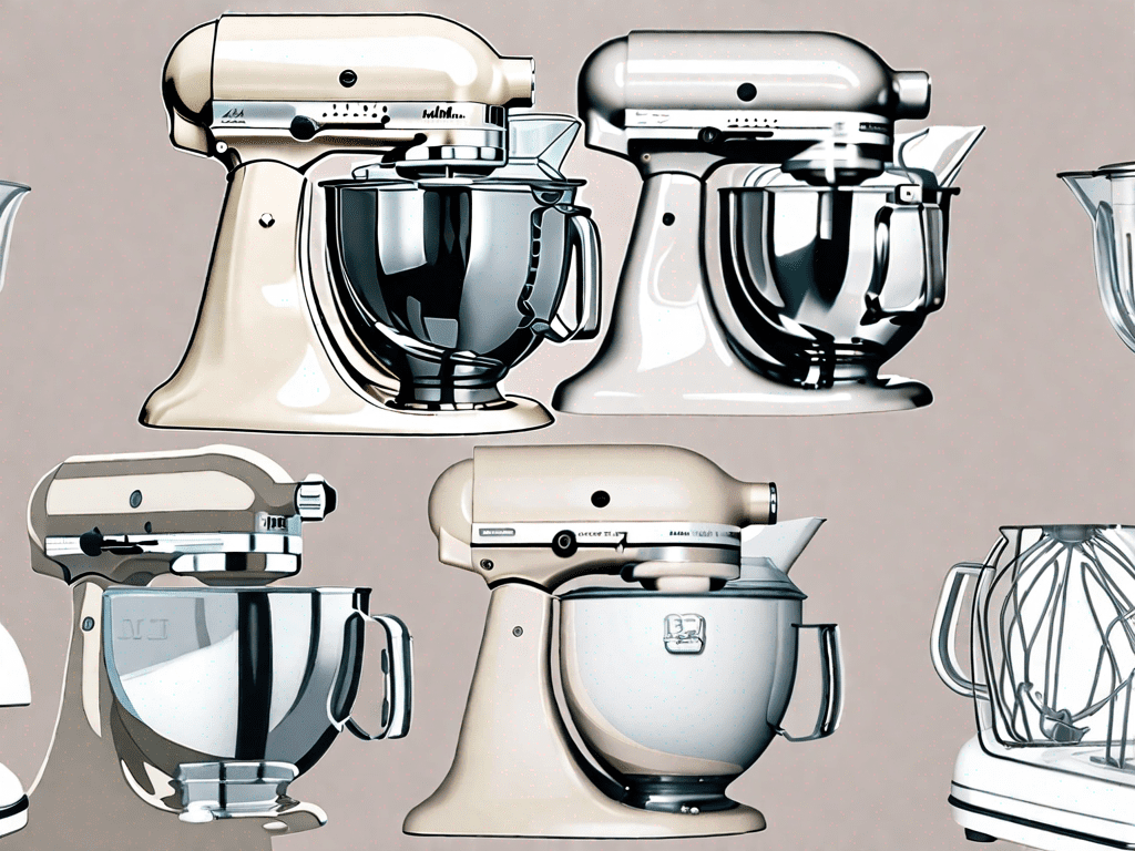 A new and a refurbished kitchenaid artisan mixer side by side on a kitchen countertop