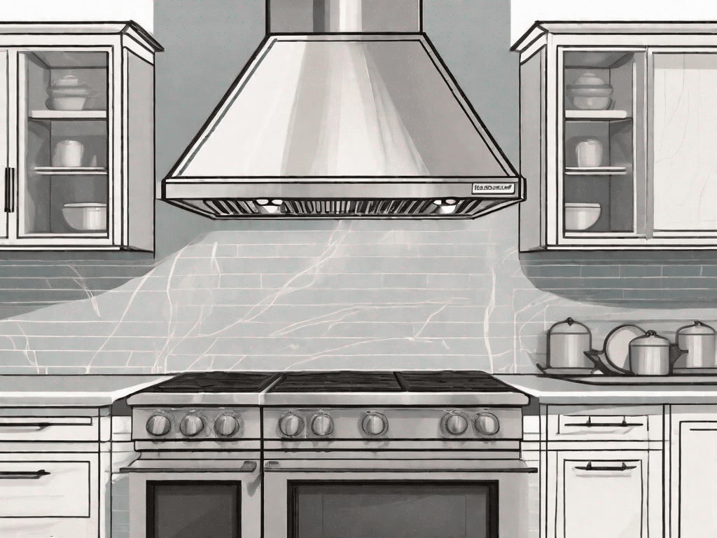 An under cabinet blower range hood on one side and a wall mount chimney hood on the other