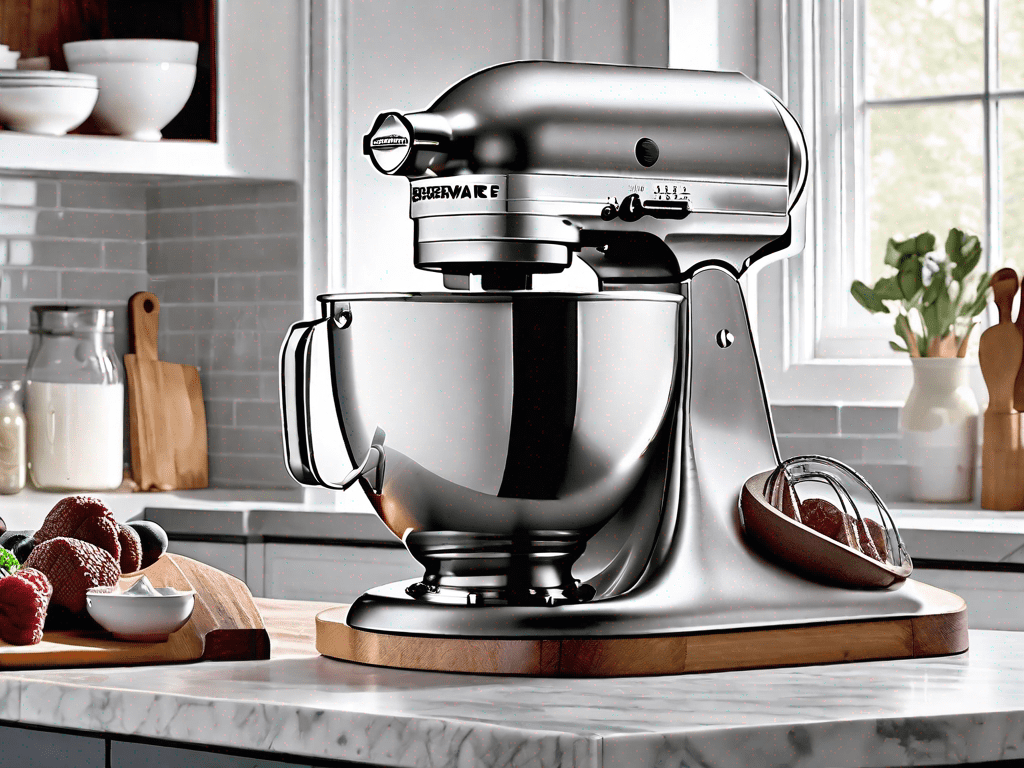 A farberware silver stand mixer and a kitchenaid artisan mixer side by side on a kitchen countertop