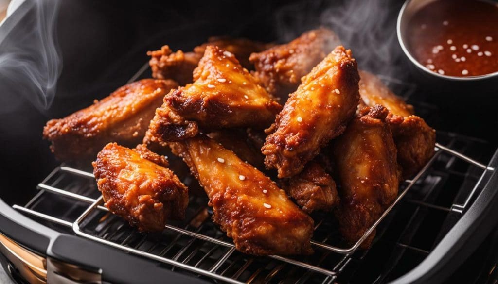 Cooked chicken wings in an air fryer