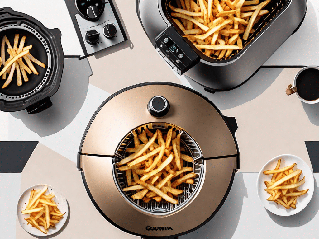 A gourmia and a ninja air fryer side by side on a sleek kitchen countertop