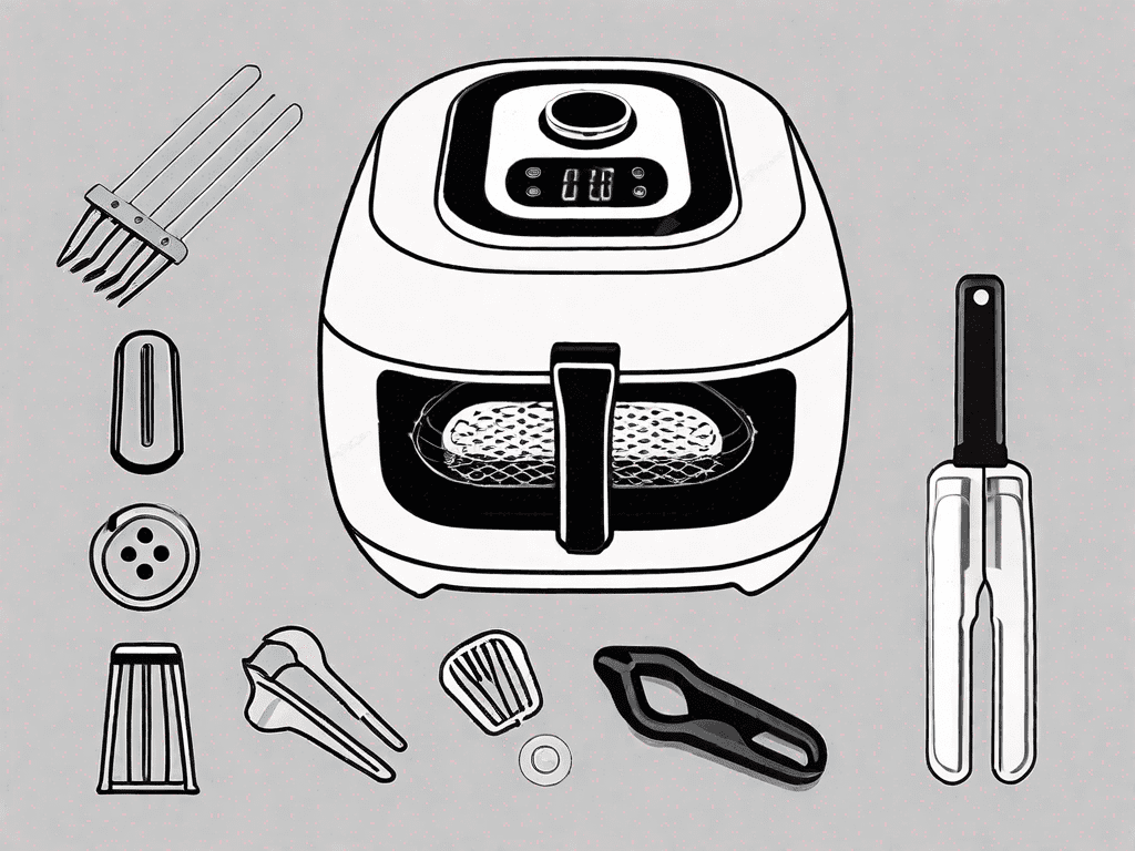A cosori air fryer with its buttons highlighted and a set of tools nearby