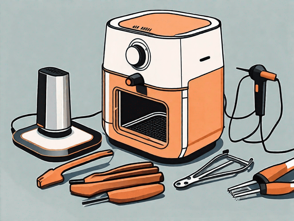An air fryer with a few tools like a screwdriver and multimeter next to it